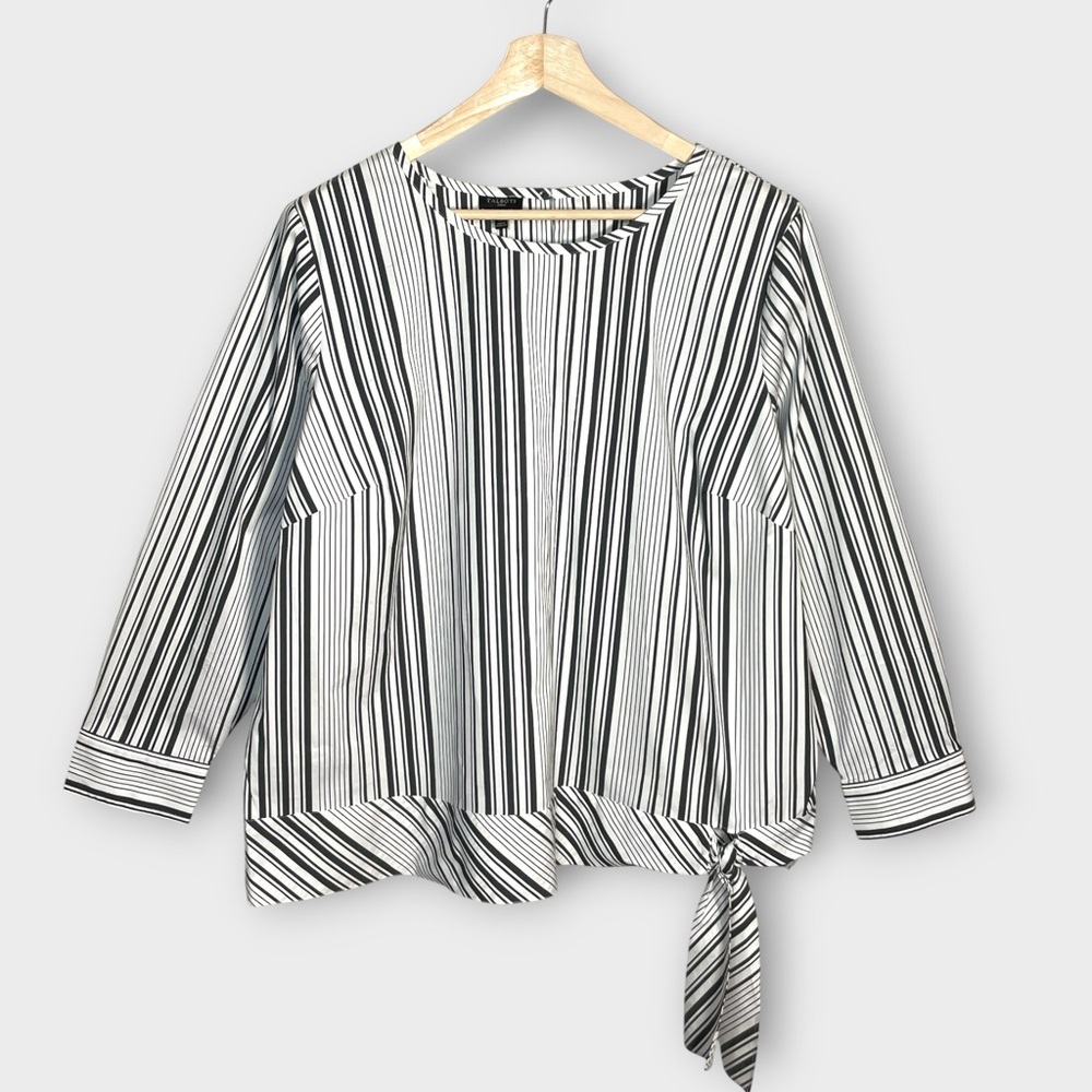 Talbots Black and White Striped Blouse with Tie Detail